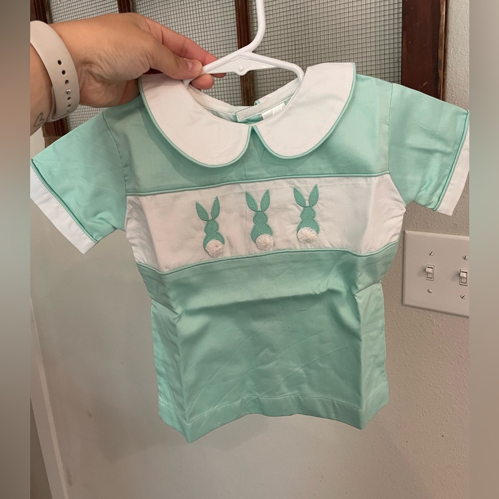 Mint Green Boys Easter Bunny Applique Top with White Collar and matching shorts